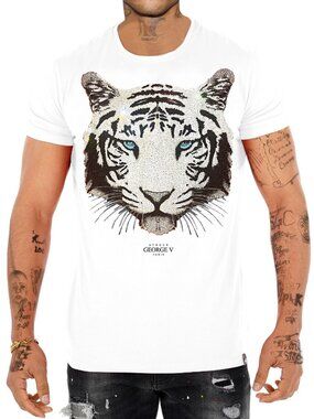 Avenue George V Paris T-Shirt rhinestone Lion Men's White Short Sleeve Shirt XL